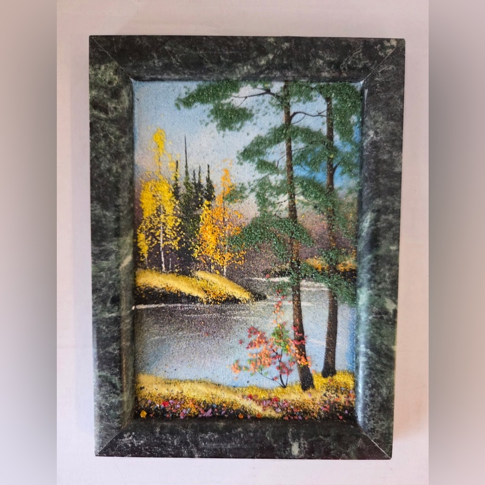 Vintage Russian Fall Scene Mineral Stone Painting in Marble Frame Art - Picture 2 of 10